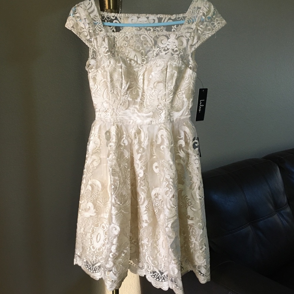 Lulu’s Ivory Gold Metallic Embroidered Mini Skirt Skater Dress ✨